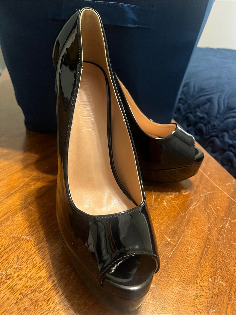 Glossy Black Patent Peep-Toe Platform Heels